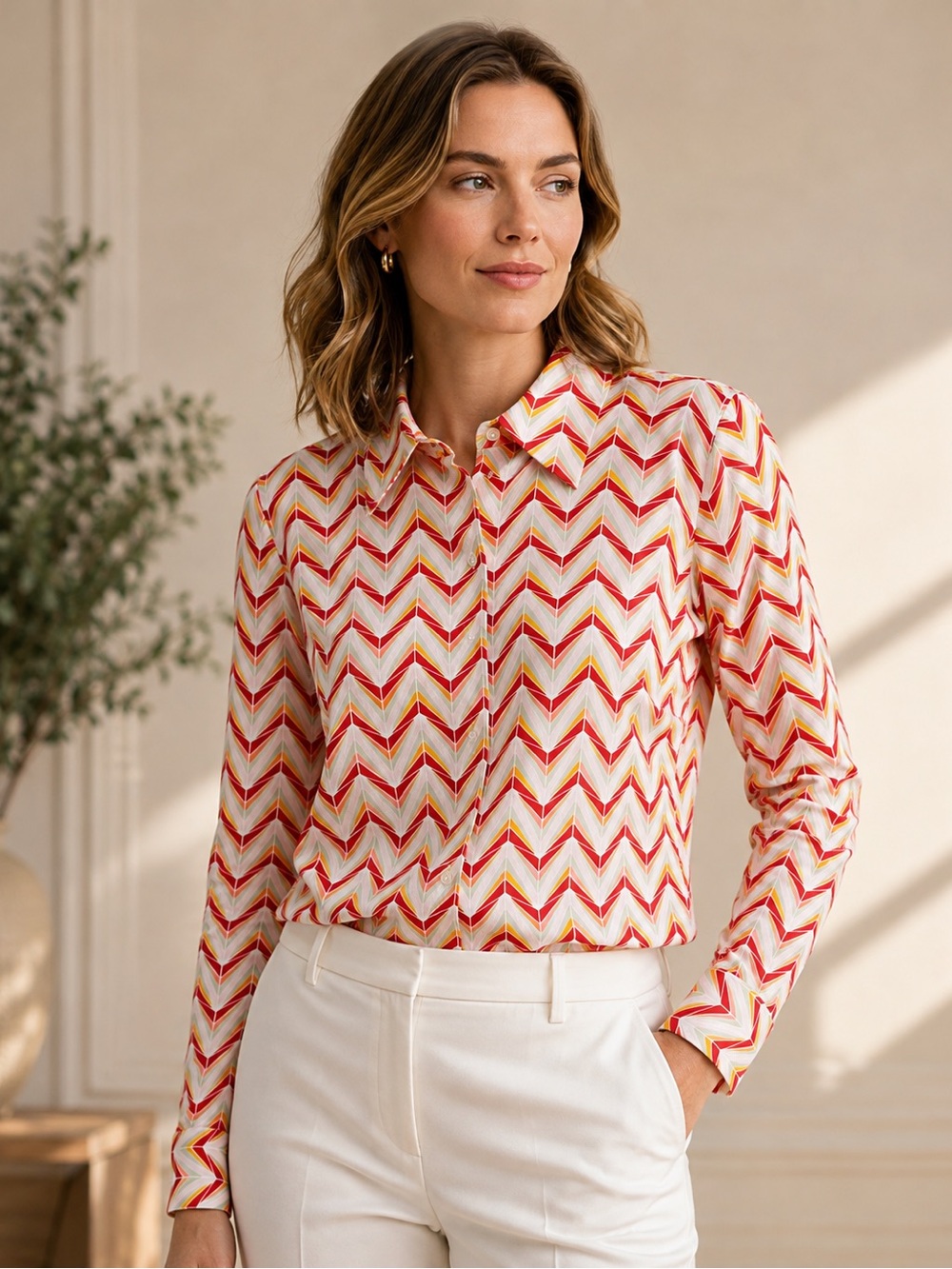 HUGO Girls' Chevron Button-Down Shirt in Red, Yellow & White